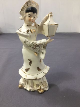 Vintage Geisha Figurine Porcelain W/ Lamp In A White & Gold Dress
