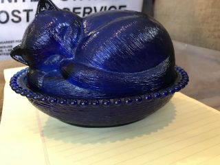 Rare Vintage Indiana Glass Cobalt Blue Sleeping Cat On Nest Candy Dish 7” X 5.  5