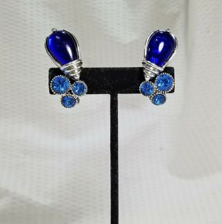 Vintage Signed Selro Blue Crystal And Silver Tone Clip On Earrings