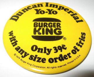 Vintage 1979 Rare Burger King Duncan Yo - Yo Imperial Promo Pin Button