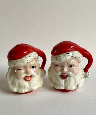Vintage Christmas Santa Claus Face Salt And Pepper Shakers 1950s Hand Painted B3