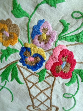 Gorgeous Vintage Hand Embroidered Tablecloth Circle Vases Of Pansies 46.  5 " X 52 "