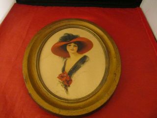 Vintage Framed Art Print Woman With Red Hat