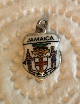 Vintage Jamaica Coat Of Arms.  Silver Enamel Shield Travel Charm.