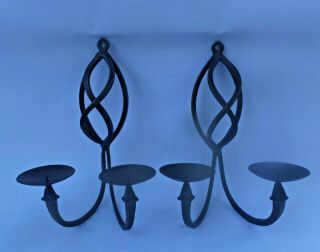 Vintage Pair Hand Wrought Iron Hanging Candle Wall Sconces