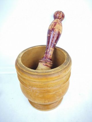 Vintage Wooden Mortar Pestle,  5 " Diameter 6 " Tall Made In Italy Herb Smasher