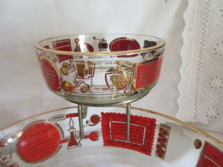 Vtg Mid Century Red & Gold Chip & Dip Set Glass Bowls Stand & Recipes On Bowls