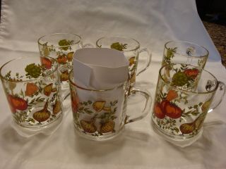 Set Of 6 Spice Of Life Vegetable Garden Arcoroc France Glass Mugs Coffee Cup Vtg
