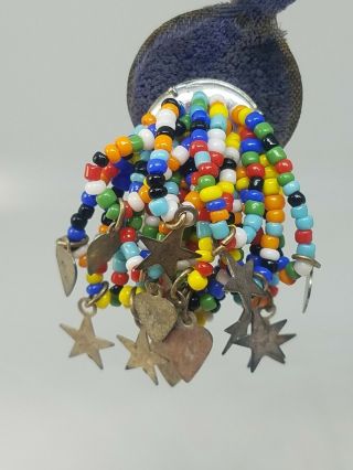 Vintage Multi Color Glass Seed Bead Silver Tone Dangle Stars Clip Earrings