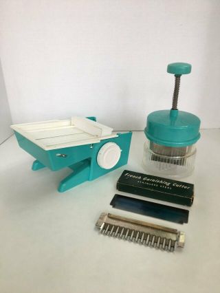 Vintage Turquoise & White Dial - O - Matic Food Slicer And Chop - O - Matic Food Chopper