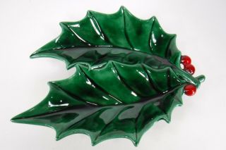 Vintage Holland Mold Christmas Holly Berry Leaf Candy Nut Dish Green