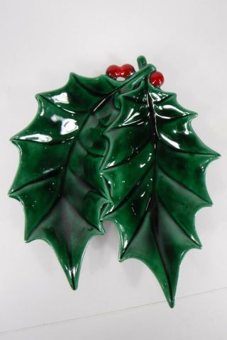 Vintage Holland Mold Christmas Holly Berry Leaf Candy Nut Dish Green 2