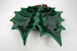 Vintage Holland Mold Christmas Holly Berry Leaf Candy Nut Dish Green 4