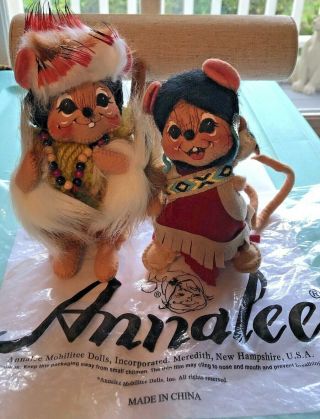 2 Native Indian & Papoose Annalee Mouse Dolls Vintage Set W/ Bag