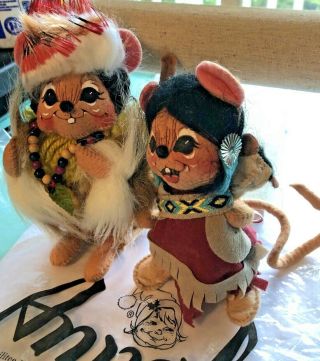 2 Native Indian & Papoose ANNALEE Mouse Dolls Vintage Set w/ Bag 2
