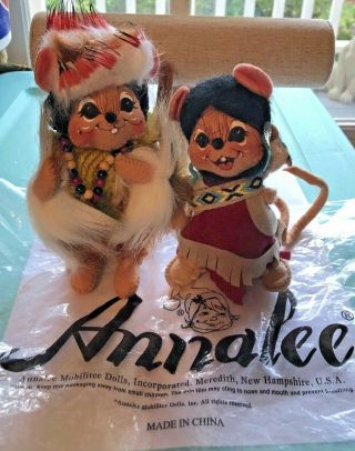 2 Native Indian & Papoose ANNALEE Mouse Dolls Vintage Set w/ Bag 3