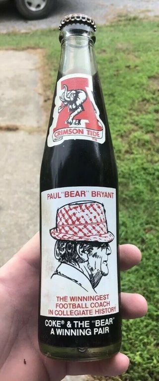 Vintage Alabama Bear Bryant Coca Cola 315 Wins Bottle With Elephant Tail Rare