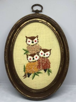 Vintage Framed Owls Needlepoint Embroidery Picture Framed Retro Handmade Owl