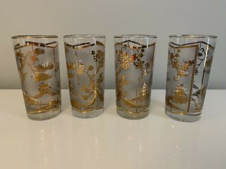 4 Vtg Libbey Asian Highball Cocktail Glasses Gold Frosted Mid Century Tiki