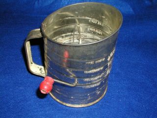 Vintage 5 Cup Bromwell`s Measuring Sifter Guaranteed Red Wood Handle Made U.  S.  A.