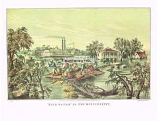 CURRIER and IVES High Water In The Mississippi 1952 Print Flood Paddle Wheeler 2