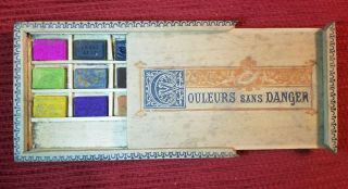 Vintage French Color Water Paints,  Couleurs Sans Danger Wood Box W/ Sliding Lid