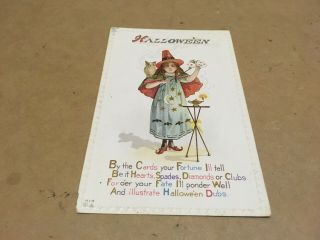 Vintage Embossed Halloween Postcard - Magician Witch W/ Red Cape