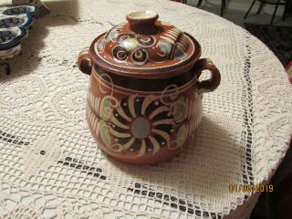 Vintage Mexican Hand Painted Terra Cotta Bean Pot With 2 Handles