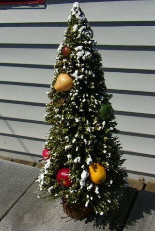 Vintage Snow Flocked Bottle Brush Christmas Tree With Fruit & Wood Base 10 1/2 "