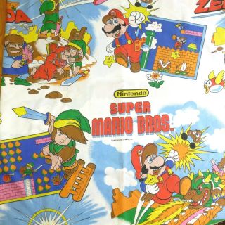 Vintage Nintendo Mario Brothers Legend Of Zelda Twin Top Sheet Fabric 1988