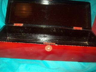 Vintage Red Lacquer Oriental Glove Box - signed 4