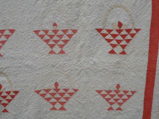 Vtg 1930s Hand Crafted Basket Batted Quilt Cotton Red & White 66x78