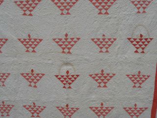 Vtg 1930s Hand Crafted Basket Batted Quilt Cotton Red & White 66X78 2