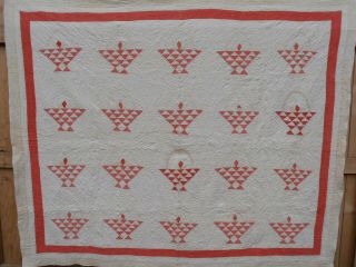 Vtg 1930s Hand Crafted Basket Batted Quilt Cotton Red & White 66X78 3