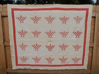 Vtg 1930s Hand Crafted Basket Batted Quilt Cotton Red & White 66X78 4