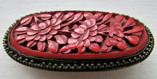 Antique Vintage Chinese Carved Cinnabar Pin Brooch - W - Silver Guilt Metal Large