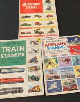 3 Vintage 1950s The Golden Book Of Automobiles - Airplanes And Train Stamps Books