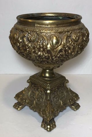 Vintage Ornate Solid Brass Planter Footed Pedestal Vase 10” Tall Floral Design