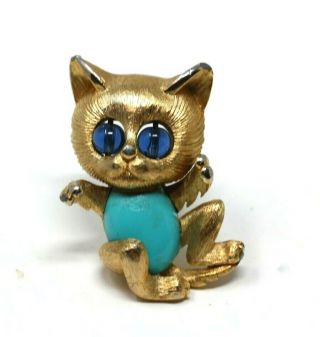 Vintage Crown Trifari Cat Brooch With Bead Eyes,  Jelly Belly Like