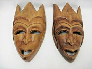 Two Vintage Carved African Tribal Wood Masks With Three Point Crown And Symbols