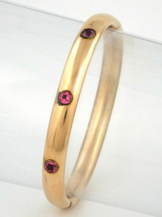 C.  1950 - Vintage Pink Pastes On Rose Gold Filled Hinged Bracelet / Bangle 19.  3 G