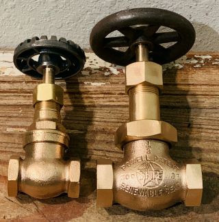 2 Vintage Brass Pressure Gate Valves,  Powell & Marsh,  Steampunk Industrial Gauge