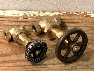 2 Vintage Brass Pressure Gate Valves,  POWELL & MARSH,  Steampunk Industrial Gauge 3