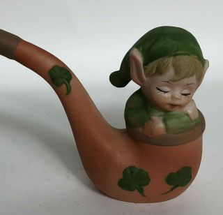 Vintage Irish Pipe Figurine With Elf St.  Patrick’s Green Brown Nik Nak