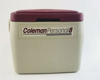 Vtg Coleman Personal 8 Cooler 5272 Brown W/ Burgundy Cupholder - Lid Lock Handle