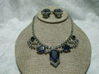 Vintage Adjustable Sapphire Blue Rhinestone Necklace Clip Earrings Set Classy