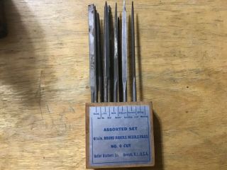 Vintage Heller Assorted 6 1/4 Round Handle Needle Files 9 Total With Block And B