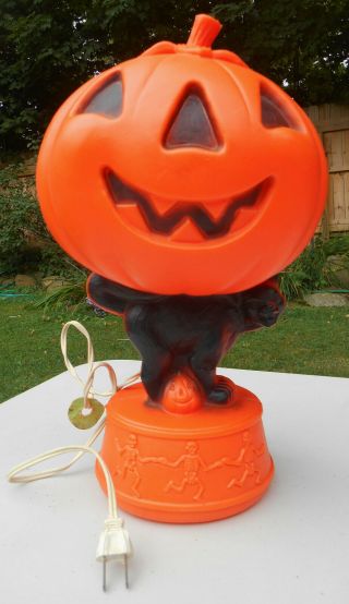Vintage Pumpkin Black Cat Skeletons Blow Mold Plastic Halloween Decor Light Rare