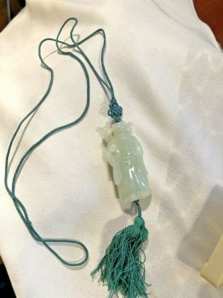 Vintage Carved Celadon Jade 2 Side Chinese Wise Man Pendant Silk 29 " Necklace