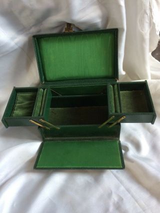Antique Vintage Costume Jewellery Box,  Green Leather Clad,  For Necklaces,  Ring Etc